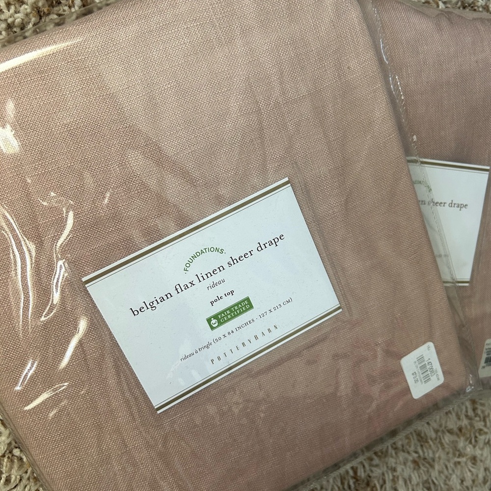(2) Pottery barn Belgian flax linen sheer drape, dusty pink color